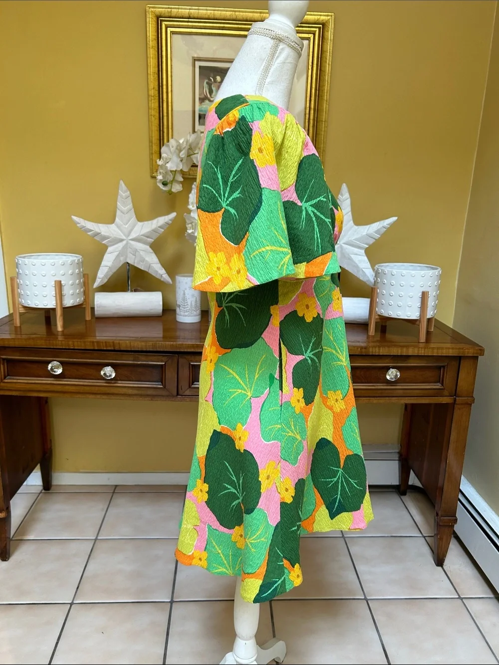 Kate Spade New York Cucumber Floral Pink Green V Neck Flutter Sleeve Mini Dress